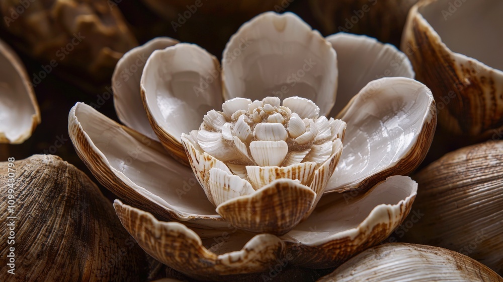 Aufkleber crafted mangosteen shells forming a flower display natural setting decorative art close-up view uniq