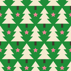 Blackis gray and vintage beige white geometric Christmas trees and soft pink stars on bold retro grass green
