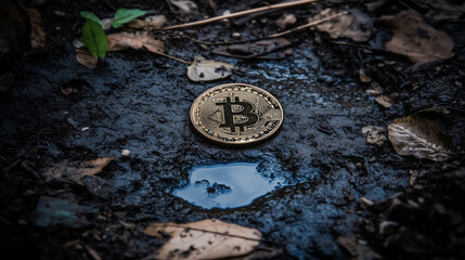 Golden Bitcoin (BTC) coin submerged in murky water, capturing the shadows of a bear market crash, representing the financial cycle and the unpredictable nature of cryptocurrency and digital investment