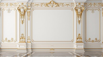 Obraz premium Ornate White Plaster Wall with Gilded Details, white plaster wall, ornate design