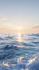 Fototapeta premium Softly glowing ocean waves on a tranquil morning, abstract light blue watercolor, calm sea, peaceful atmosphere, gradient hues