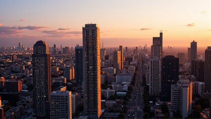 Obraz premium Generative AI, Modern Metropolis at Sunset with Reflective Skyscrapers