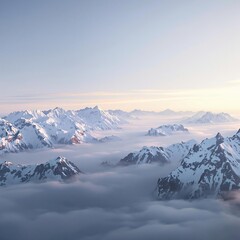 Obraz premium Snow-capped mountain range at dawn with a thin layer of fog still present, foggy mountains, snow covered peaks, outdoors, morning sun