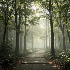 Fototapeta premium Softly lit forest path leading to a mysterious clearing , secluded area., blurred background