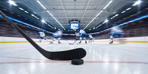 A close-up view of a black hockey stick and puck resting on the ice surface of a professional hockey rink. The background is blurred, showing players in motion and the bright arena lights.