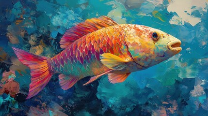 Fototapeta premium A vibrant and colorful fish swimming through a lush, artistic underwater scene, showcasing nature's beauty and creativity.
