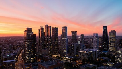 Obraz premium Generative AI, Modern Metropolis at Sunset with Reflective Skyscrapers