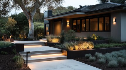 Obraz premium Modern house exterior with illuminated concrete steps leading to the entrance, surrounded by landscaped garden with trees and shrubs, evening lighting enhancing the ambiance.