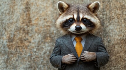 Obraz premium A raccoon is dressed in a suit and tie, with a big smile on its face. The outfit is quite formal, with the tie being the most noticeable accessory. The raccoon appears to be posing for a photo