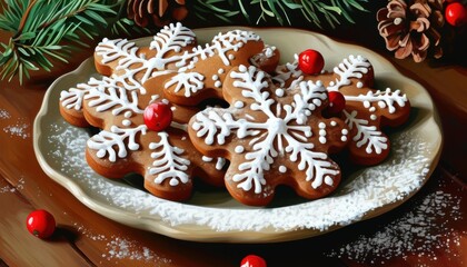 Festive christmas gingerbread cookies with icing on wooden table with copy space