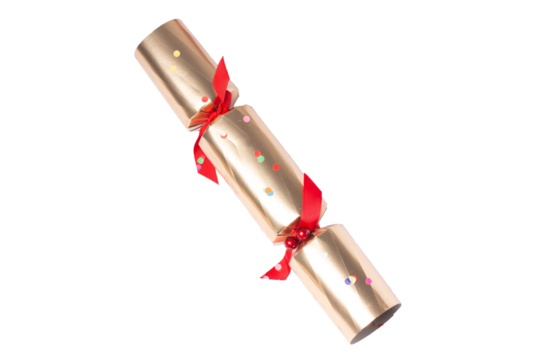 Isolated Christmas golden color cracker, holiday festive cracker on white background, holiday concept, PNG transparent