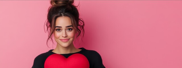 A woman with a red heart on her chest. She is smiling and looking at the camera. The image is pink in color
