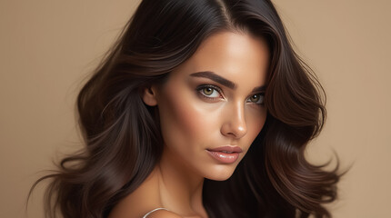 Fototapeta premium A striking woman showcases her beauty with flowing dark brown hair and alluring green eyes against a neutral background