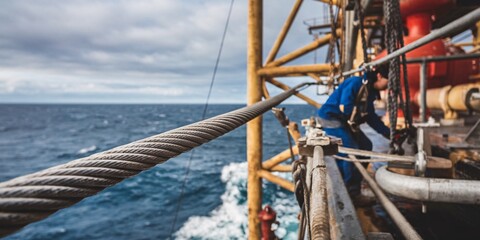 A focused view of an offshore worker wearing protective gear as he adjusts a heavy cable on an oil rig, with the ocean and rig structure blurred in the background, emphasizing dedication and safety.