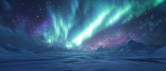 Aurora Borealis illuminating a snowy landscape at night.