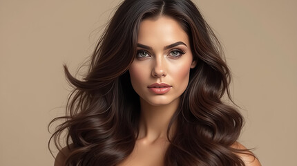 Fototapeta premium An elegant woman showcases her cascading dark brown hair with a confident expression, radiating grace and poise