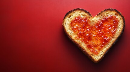 A heart-shaped toast with jelly on it is placed on a red background. Concept of warmth and affection, as the heart shape and the red background evoke feelings of love and care