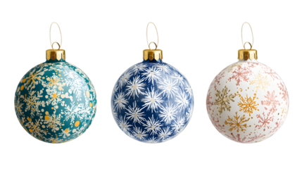 Three Christmas tree ornaments with a snowflake pattern, isolated on a transparent background.