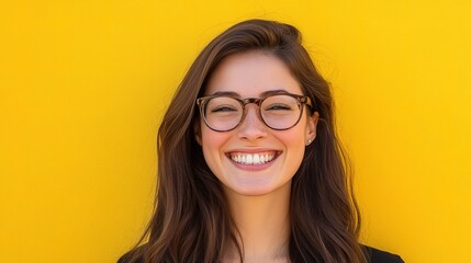 Obraz premium Young Brunette Woman with Glasses Smiling Against Yellow Background