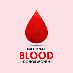 Fototapeta premium Vector graphic of National Blood Donor Month poster design illustration. Blood Bag, Dropper, red cells red Realistic Ribbon. Banner poster, flyer and background design template. Eps 10.
