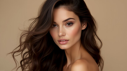 Naklejka premium An elegant woman poses gracefully, showcasing her dark brown hair and radiant complexion against a soft background