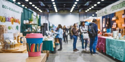 A colorful reusable cup with a rainbow sleeve stands in focus at a bustling artisan market. The blurred background shows stalls with handmade goods and people browsing.