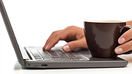 Fototapeta premium Person Typing on Laptop with Coffee Mug on Side