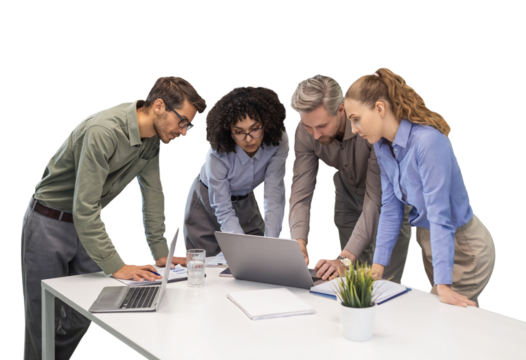 Startup business team on meeting working on laptops on a transparent background