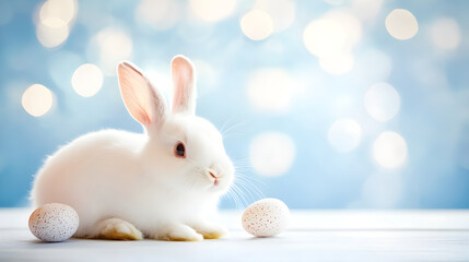 Obraz premium Happy Easter. Cute rabbit with decorated colorful easter eggs on pastel light blue background with copy space. Creative minimal concept for greeting card. Spring invitation, flyer, border, banner.