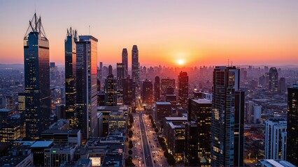 Obraz premium Generative AI, Modern Metropolis at Sunset with Reflective Skyscrapers