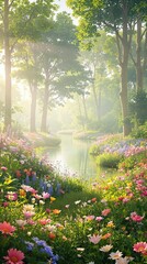 Fototapeta premium Riverbank foliage and flowers bloom in the seasonal renewal, forest growth, greenery, flower colors, forest vegetation