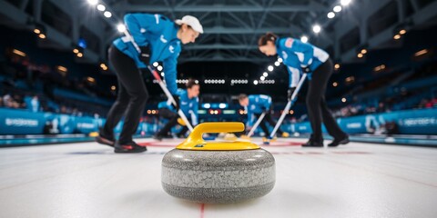 Close-up shot of a curling stone with a bright yellow handle in focus, placed on the ice. A team of four curlers is blurred in the background, engaged in their strategic game. 