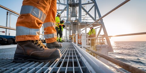 Close-up of a worker's boots and orange safety gear on an offshore platform at sunrise. The blurred background highlights other workers and the vast ocean, emphasizing maritime industry safety.