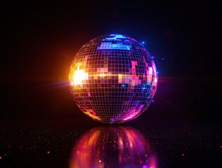Glittering disco ball lights on a black background, party atmosphere, mirror finish, flashing lights
