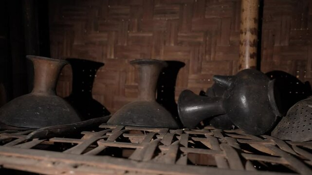 Appearance of rice containers and traditional eating utensils made from woven bamboo