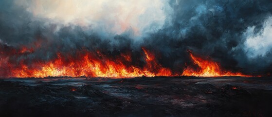 Fototapeta premium Dramatic landscape of fire and smoke against a dark sky.