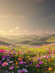 Fototapeta premium serene landscape with rolling hills and wildflowers, green hills, floral patterns, sunflower fields, outdoor scenery