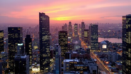 Fototapeta premium Generative AI, Modern Metropolis at Sunset with Reflective Skyscrapers