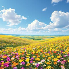 Fototapeta premium Rolling hills of wildflowers stretching as far as the eye can see in a sunny meadow, natural beauty, sun-drenched meadow, fields, wildflower fields, countryside