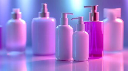 Various bottles with pumps and sprayers in vibrant pink and purple lighting.