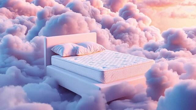 A white bed floats on a fluffy cloud bed in a dreamy setting.