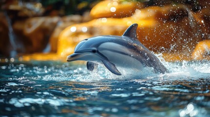 Fototapeta premium Dolphin Jumping Amidst Crashing Ocean Waves in Tropical Seascape