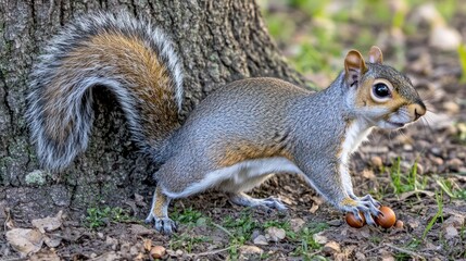 Naklejka premium A gray squirrel with a bushy tail stands on its hind legs near a tree trunk, looking to the side with two acorns in front of it.