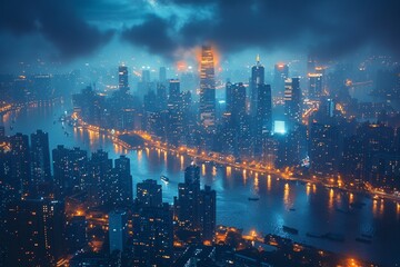 Obraz premium Stunning nighttime cityscape showcasing futuristic skyscrapers and advanced technology aesthetics