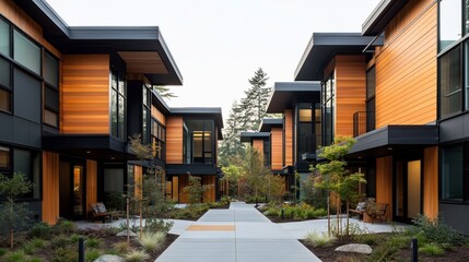 Fototapeta premium Modern townhouses with wooden panels and large windows in a landscaped urban setting with pathways and greenery