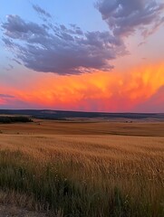 Vibrant Sunset over a Golden Wheat Field.