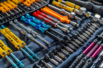 Array of Versatile Screwdriver Set Arranged by Size and Type Featuring Robust Build and Vivid Color Coding 