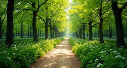 Fototapeta premium One green sand trail surrounded by spring trees, viewed from above close-up, ultra-realistic.