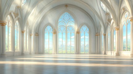 Obraz premium Digital illustration of a bright church interior showcasing tall windows and elegant architectural details during daylight