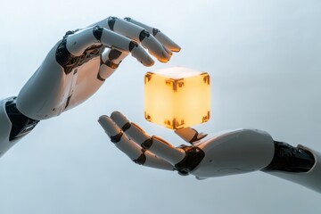 Fototapeta premium Robotic Arm Holding Glowing Cube on White Background